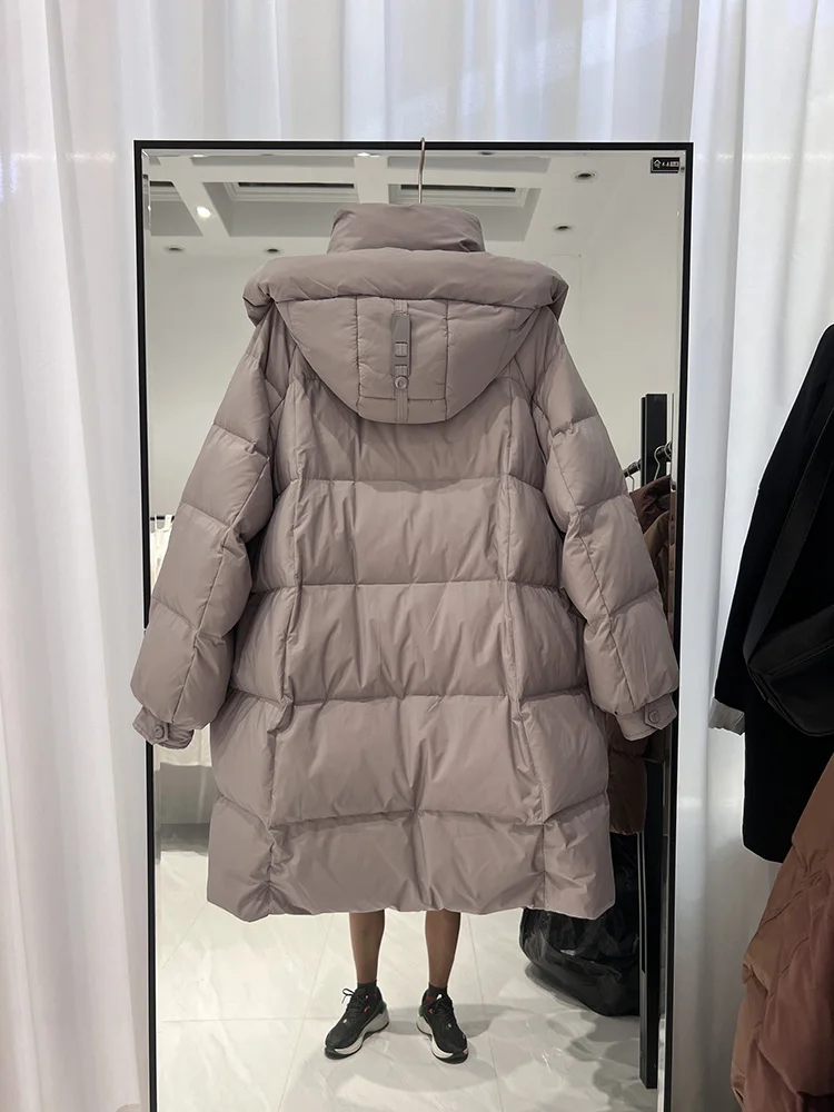 Piumino invernale nuovo da donna medio a lungo edizione coreana felpa con cappuccio alla moda addensata allentata versatile piumino d'anatra bianco