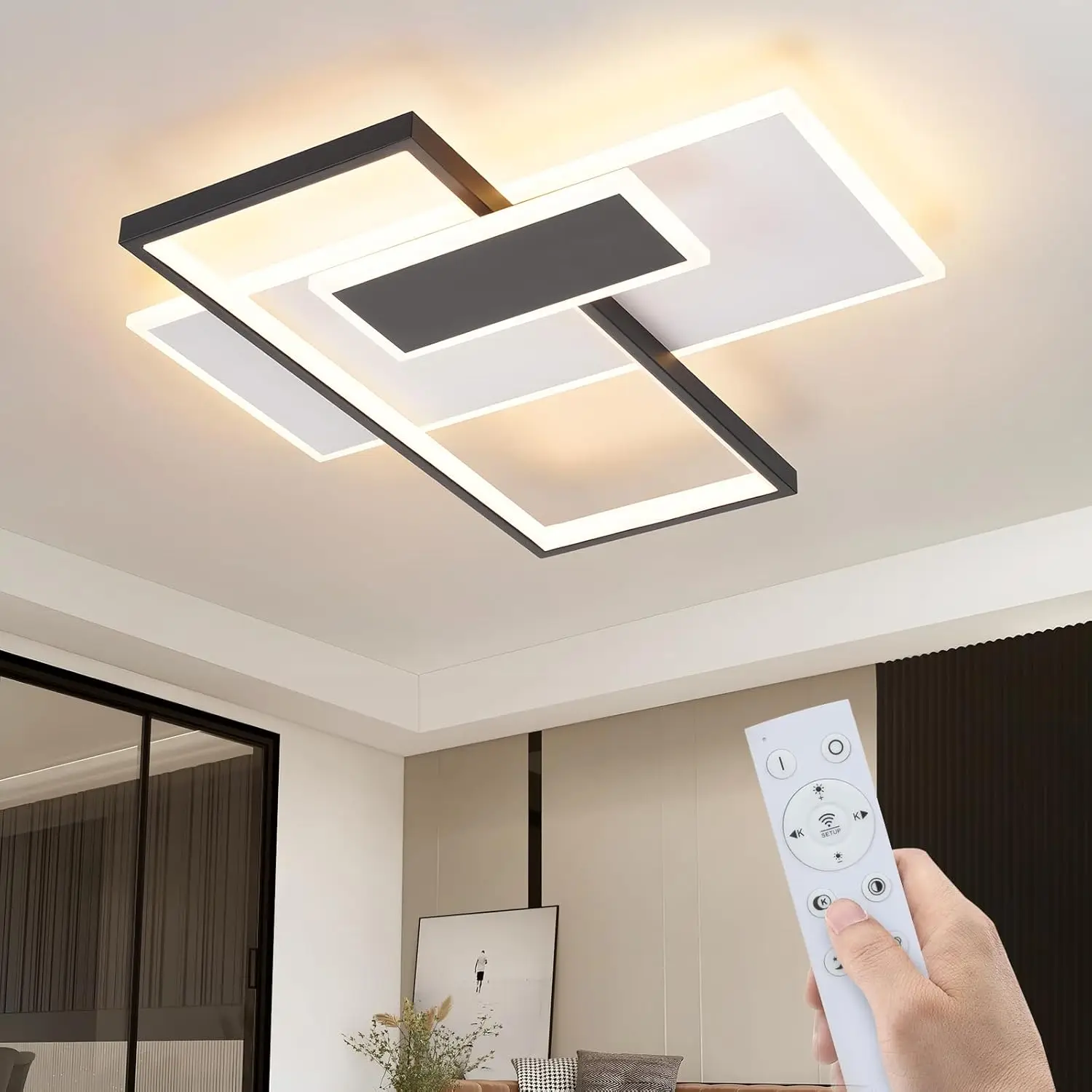 Deckenlampe LED Deckenleuchte Schlafzimmer: 58W Wohnzimmerlampe Dimmbar mit Fernbedienung Schwarz und Weiß Küchenlampe Modern Geometrische Schlafzimmerlampe Acryl für Schlafzimmer Büro Esszimmer