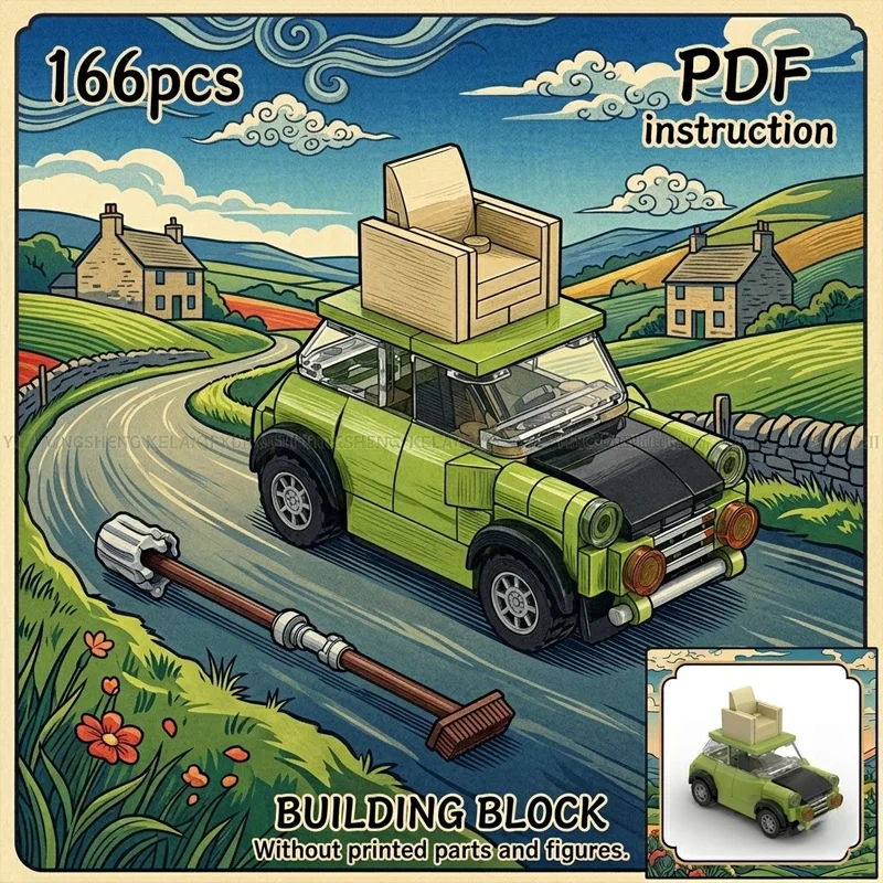 

Building Blocks MOC Classic British Comedy Green Car Funny Armchair Roof Vehicle Display Model Office Desk Adult Decor Toy