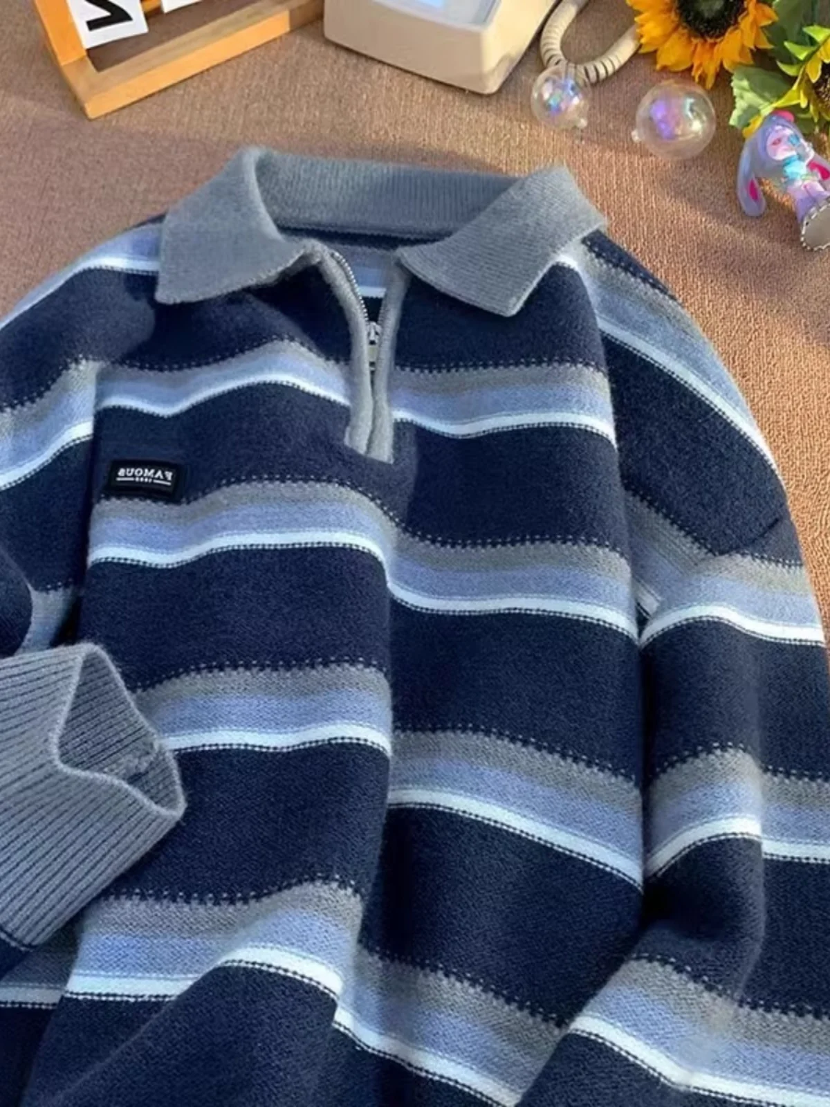 سترة بولو بياقة نصف سحاب مخططة بأسلوب ريترو للجنسين، تصميم فضفاض بأسلوب كسول للشتاء، تصميم شبابي مميز بأكمام طويلة #5