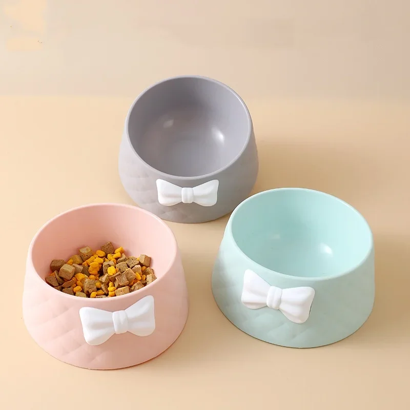 Cat Bowl Macaron Pet Food Bowl Deepening Leak proof INS Wind Bow Diamond Pattern Cat Pet Bowl