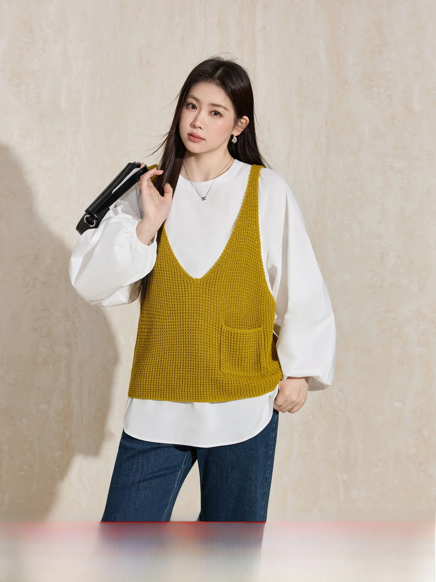 

Blue Language Large Size Women's Faionable Knitted Tank Top And Long Sve irt Two-Piece Set Textured Design Korean Sle