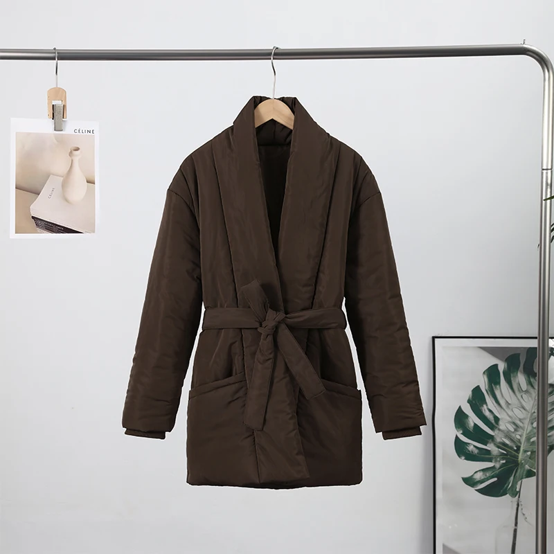Damen Gefütterte Jacken V-Ausschnitt Langarm Schnürung Übergroße Mäntel Herbst Winter Damen Mantel mit Taschen Einfarbig Locker Geschnitten Schicke Neue Oberbekleidung – Detail 3