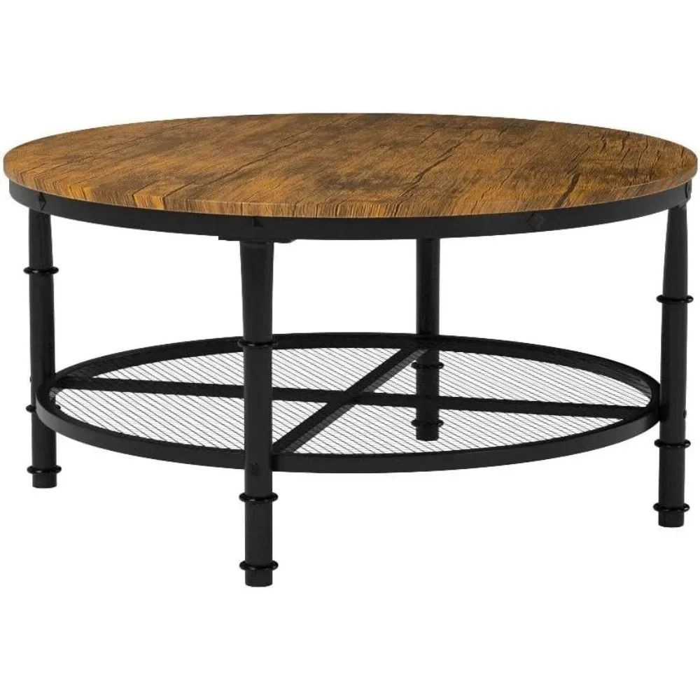 Table basse industrielle ronde à 2 niveaux, 35,5 pouces, table d'appoint en acier rustique pour salon, avec barres transversales renforcées, brittop en bois