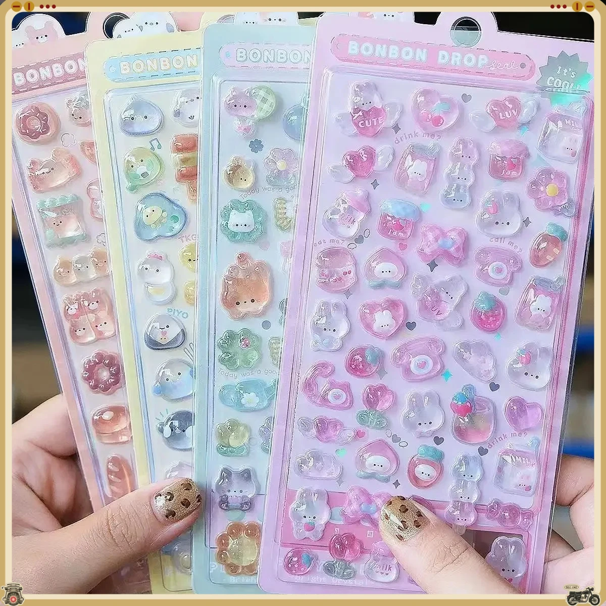 //Kawaii 3D Jelly Resin Stickers Cute Cartoon Sparkle Transparent Decals for Scrapbooking Phone Case Laptop DIY Decor..