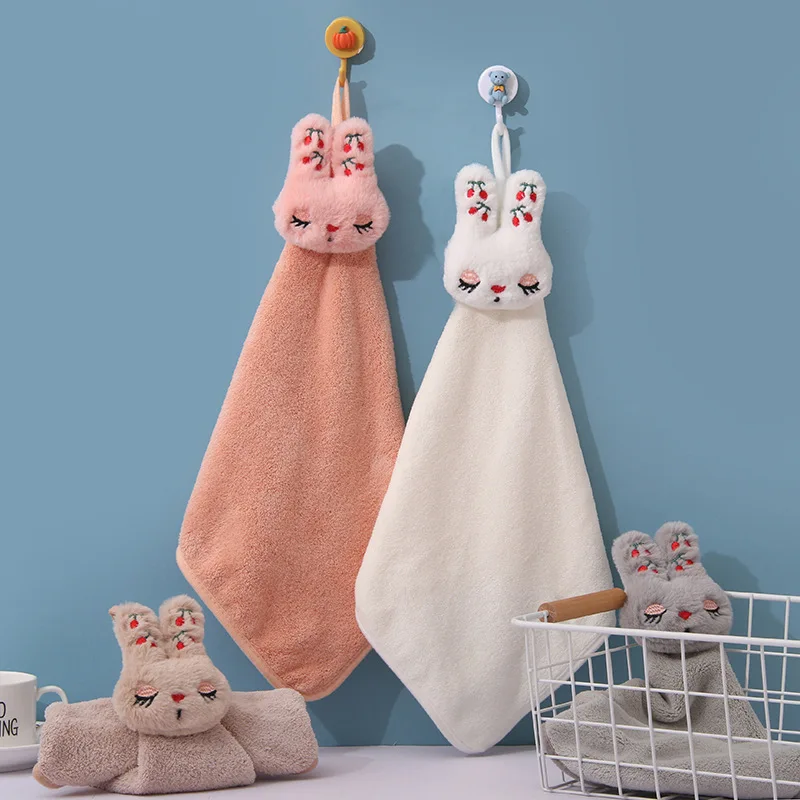 Cartoon Rabbit Hand Towel Handkerchief Coral Velvet Hang To Quick Dry Design Kitchen Bathroom Water-absorbent Cleaning Towels