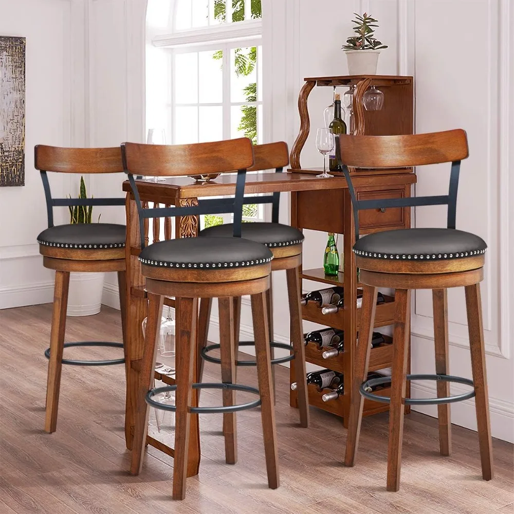 Bar Stools Set of 4, 360-Degree Swivel Stools with Leather Padded Seat, Single Slat Ladder Back & Solid Rubber Wood Legs