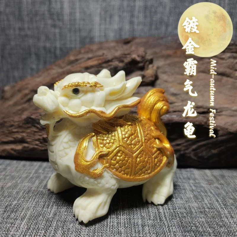 Ivory Nut Dragon Turtle Carved Decoration Drawing Gold-Plated Domineering Xuanwu Crafts Tea Room Decoration Dragon Turtle8*5.2*6