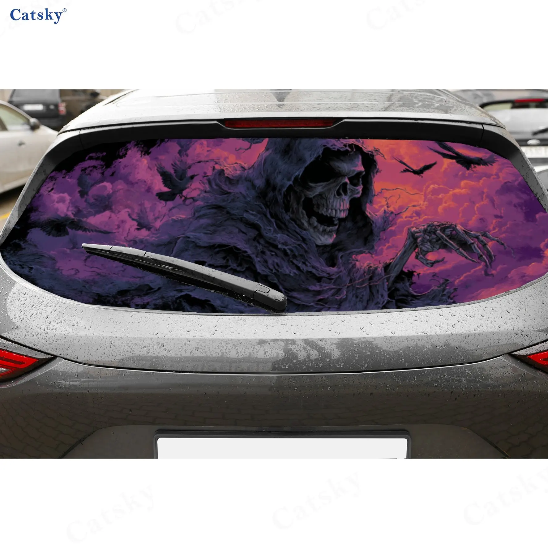 

Reaper Raven Mystic Thrill Dark Fantasy Aura PVC Perforated Car Vinyl Wraps, Durable Car Rear Windshield Sticker, Waterproof Car