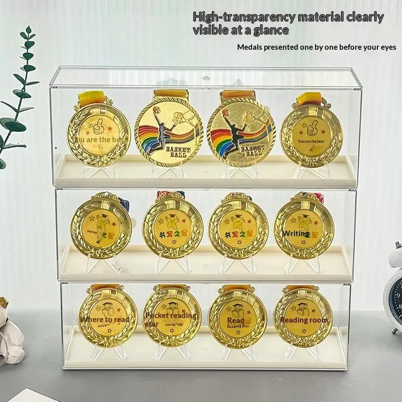 1 Set Gold Medal Storage Rack Rectangular Plastic Marathon Medal Storage Box Tabletop Stackable Coin Souvenir Organizer