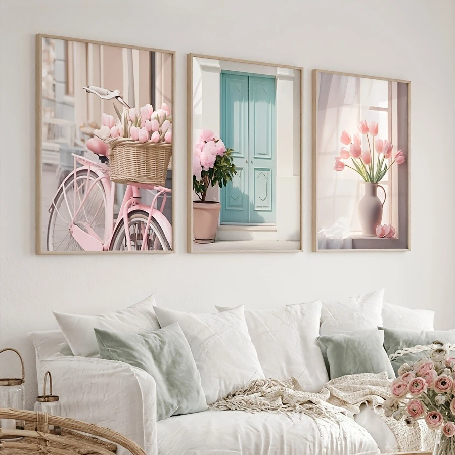 Pastel Floral Wall Art Pink Bicycle & Turquoise Door Canvas Prints Soft Aesthetic Room Decor for Living Room Bedroom Home Decor