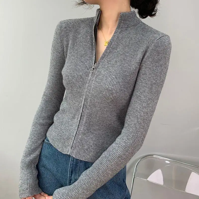 

Spring Autumn Zipper Cardigan Women Sweaters Knitted Long Sleeve Stand-up Collar Tops Korean Fashion Short Sweater for Female