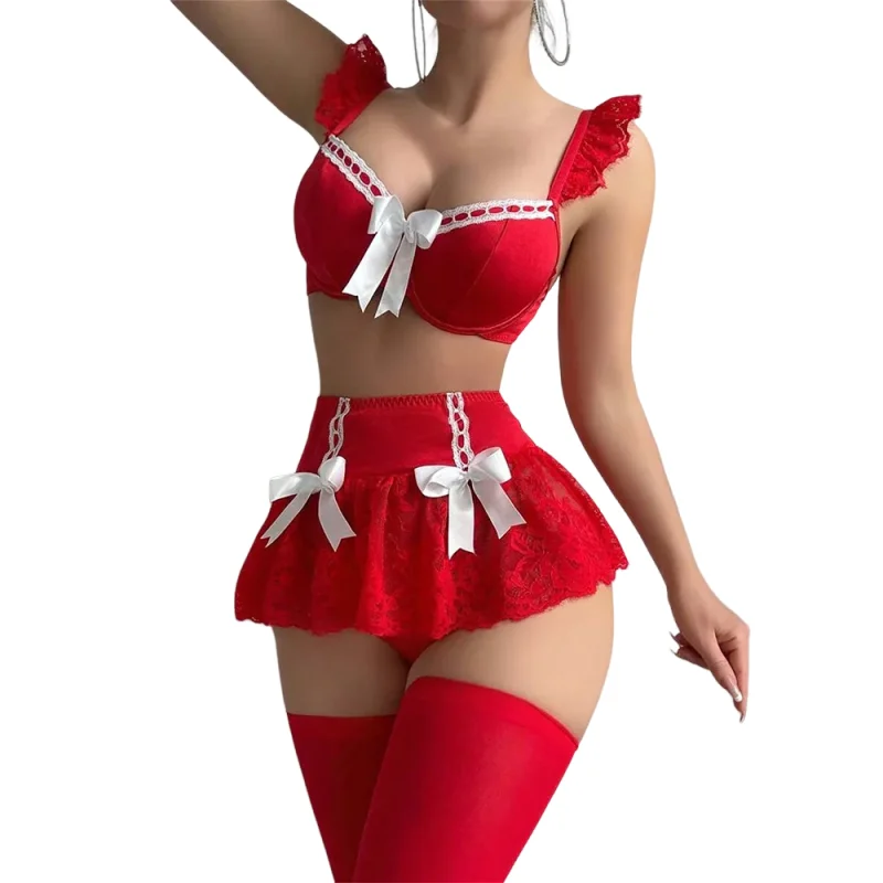 

Women Sexy Lingerie Bra Set With Mini Skirt Lace Bow Fantasy Role Play Outfit Sheer Erotic Underwear Fancy Intimates For Couples
