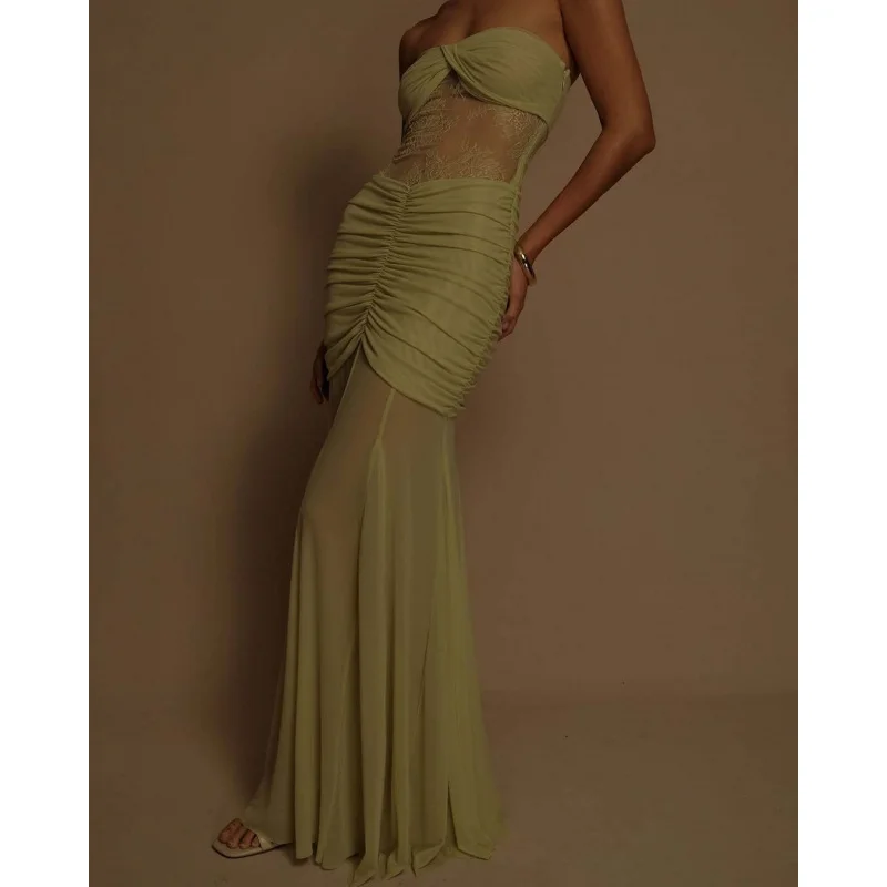 レディース新作ストラップレス、ギャザーメッシュパッチワークシアーレース、欧米風ドレス