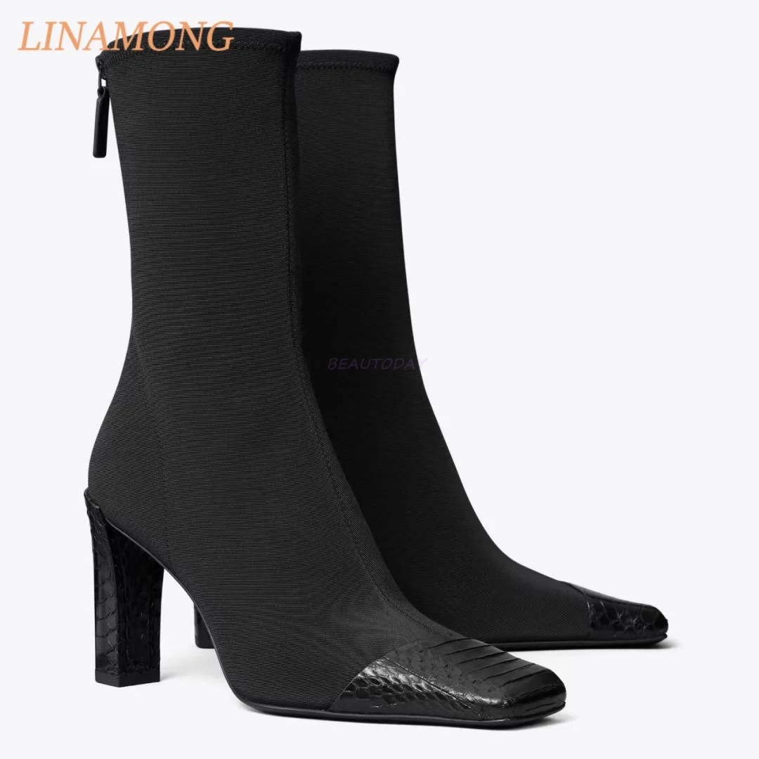 Women Square Toe Sock Ankle Boots Stretch Fabric Upper Scale Embossed Toe Block High Heels Back Zipper  Trendy Modern Footwear