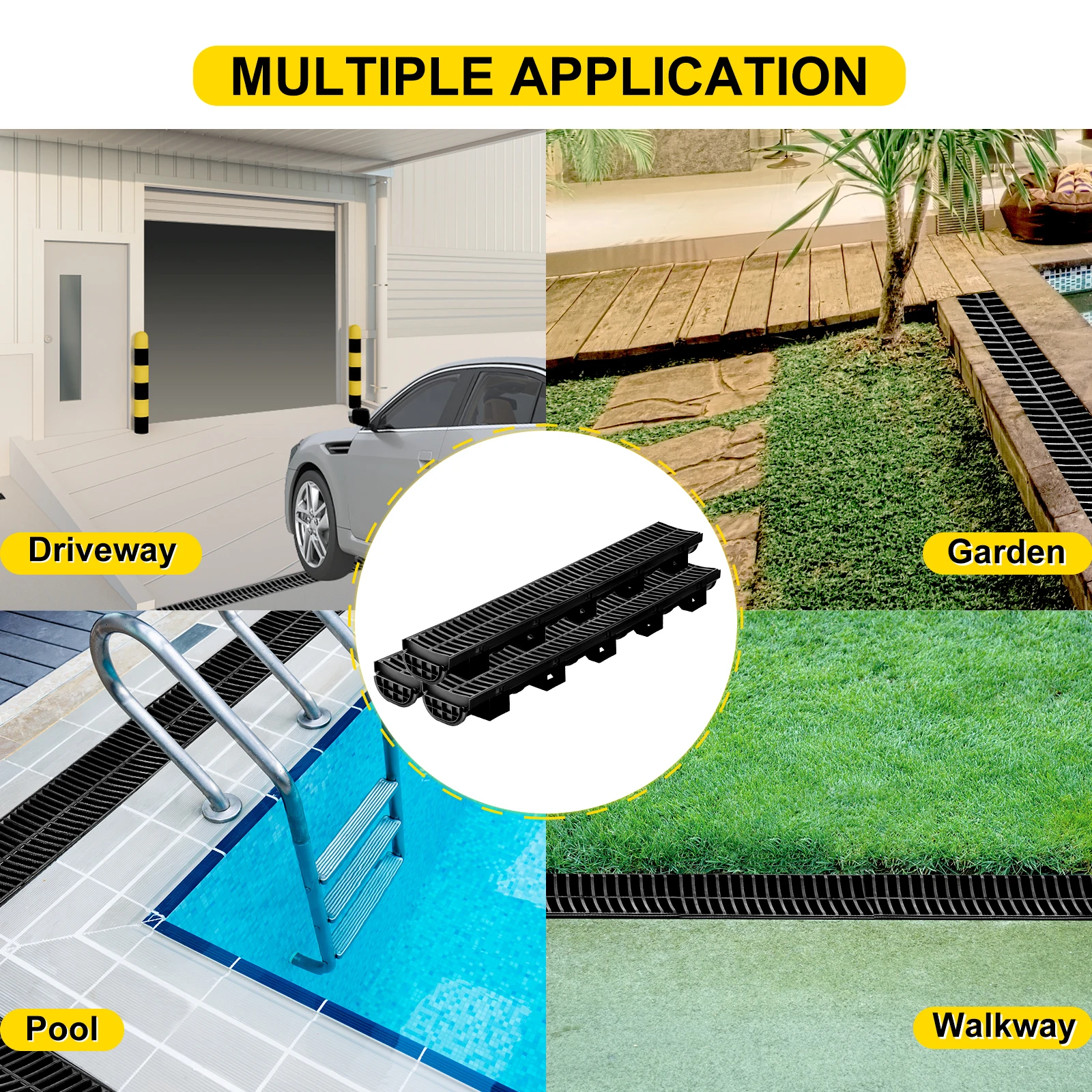 VEVOR Drainage Trench Driveway Channel Drain With Plastic Grate 3-5 Pack HDPE Floor Drain Trench Drain Grate For Garden Driveway