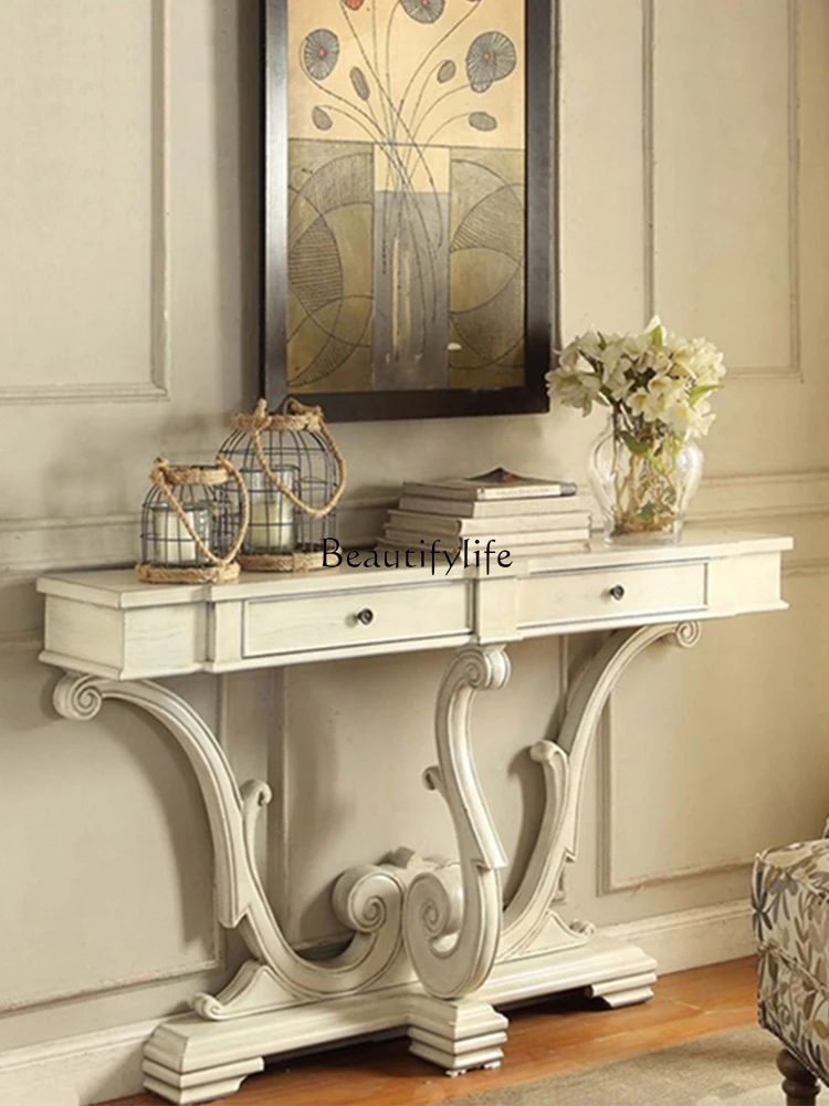 French Retro Solid Wood Console Home Wall Decoration Corridor Distressed Side View a Long Narrow Table