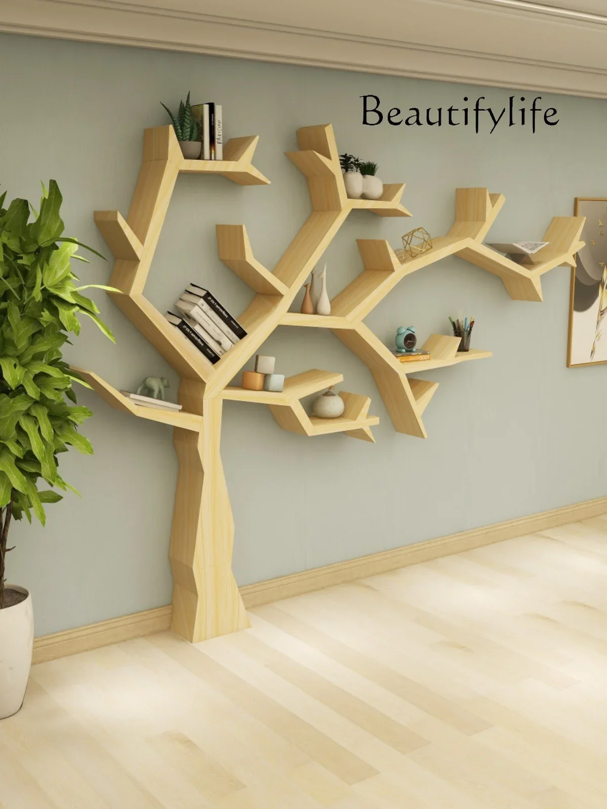 Solid wood tree-shaped bookshelf, kindergarten floor-to-ceiling multi-layer display shelf, living room TV wall decorative shelf