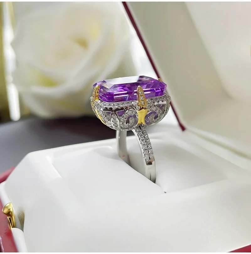

New 14 carat rich purple ring with high carbon diamond index finger gemstone, simple and cool style amethyst Jewelry