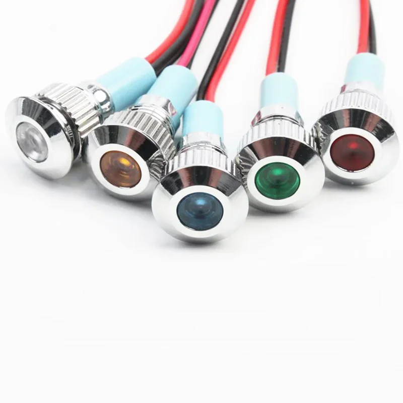 1pcs 8mm Flat Head LED Metal Indicator Light 8mm Waterproof Signal Lamp 6V 12V 24V 220v with Wire Red Yellow Blue Green White