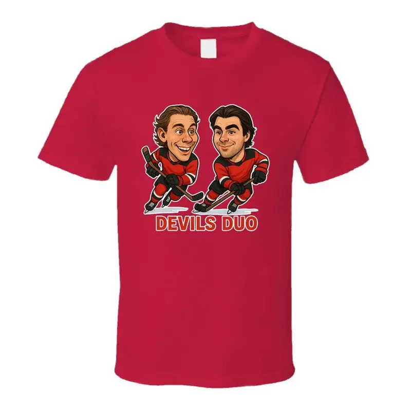 Jack Hughes y Nico Hischier Devils Duo Hockey Duo caricaturas Fan camiseta
