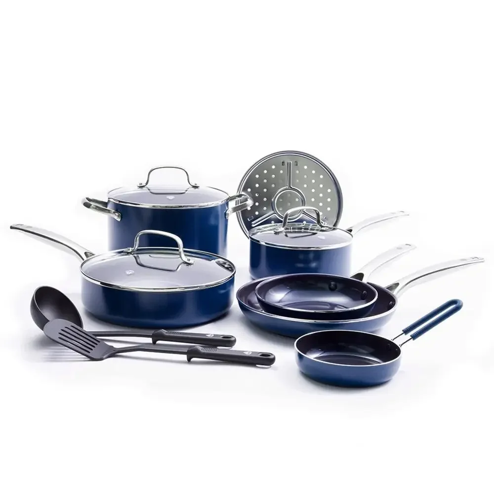 Toxin-Free Ceramic Nonstick Pots Pans Cookware Set Dishwasher Safe 12-Piece Diamond-Infused Cooking Kit Utensils Steamer Plate