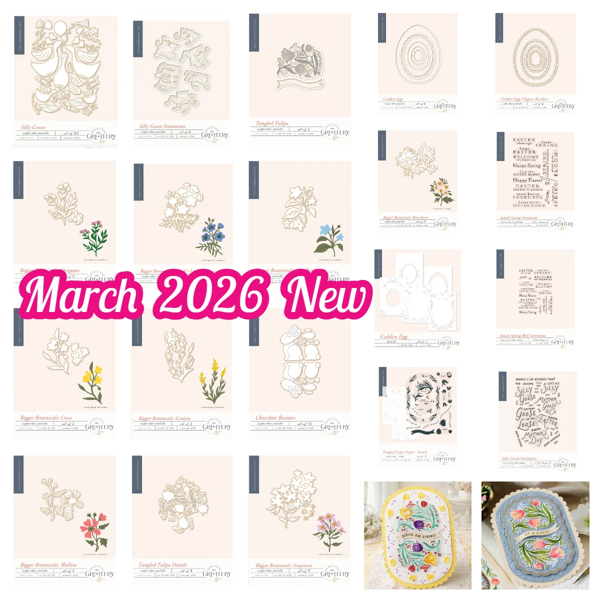 

New Greetery Tangled Tulips Golden Egg Dies Botanicals Cress Stamps Stencils DIY Scrapbook Holiday Greeting Card March 2026 New