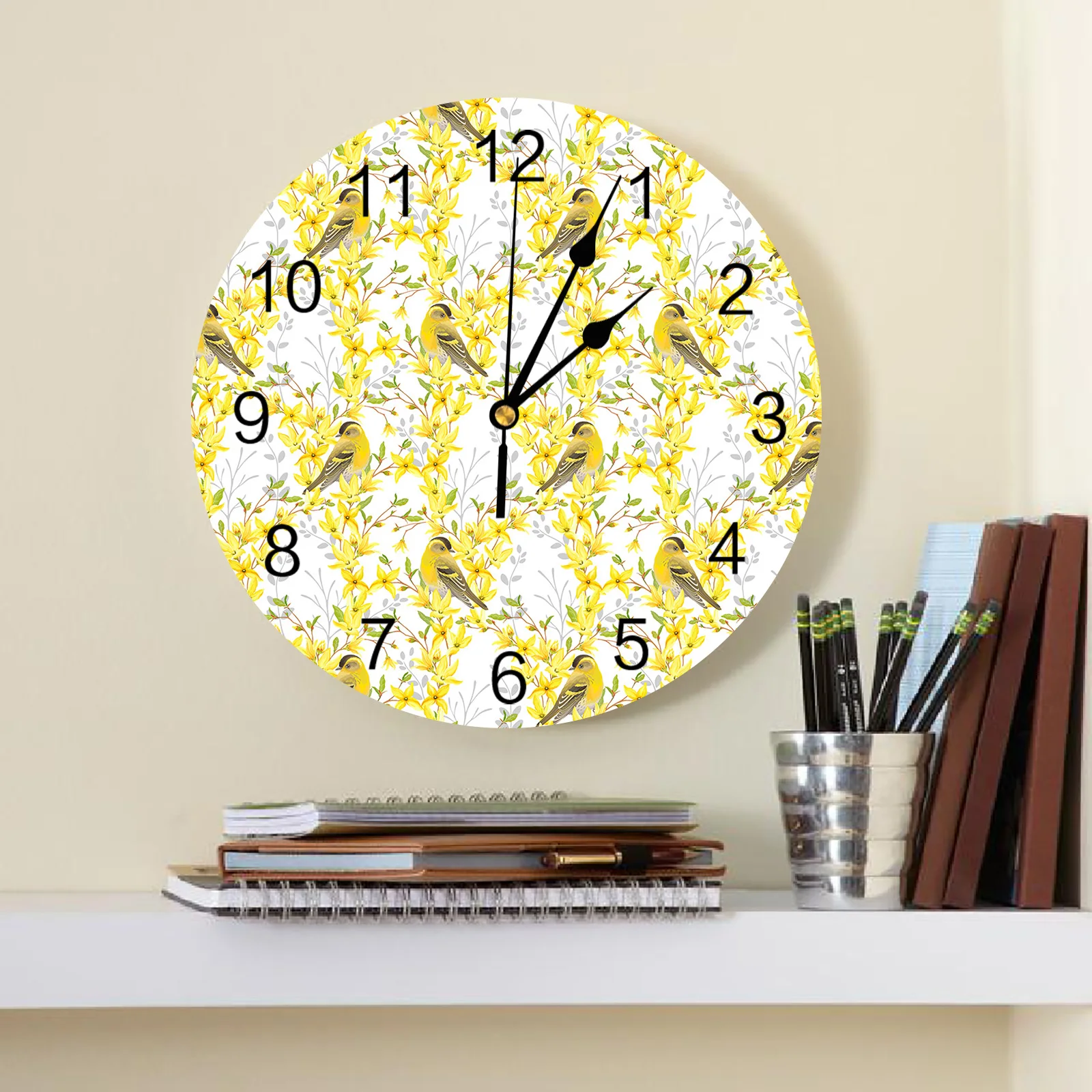 Yellow Flowers And Robins Wall Clock Silent Digital Clocks for Home Bedroom Kitchen Decoration Hanging Watch