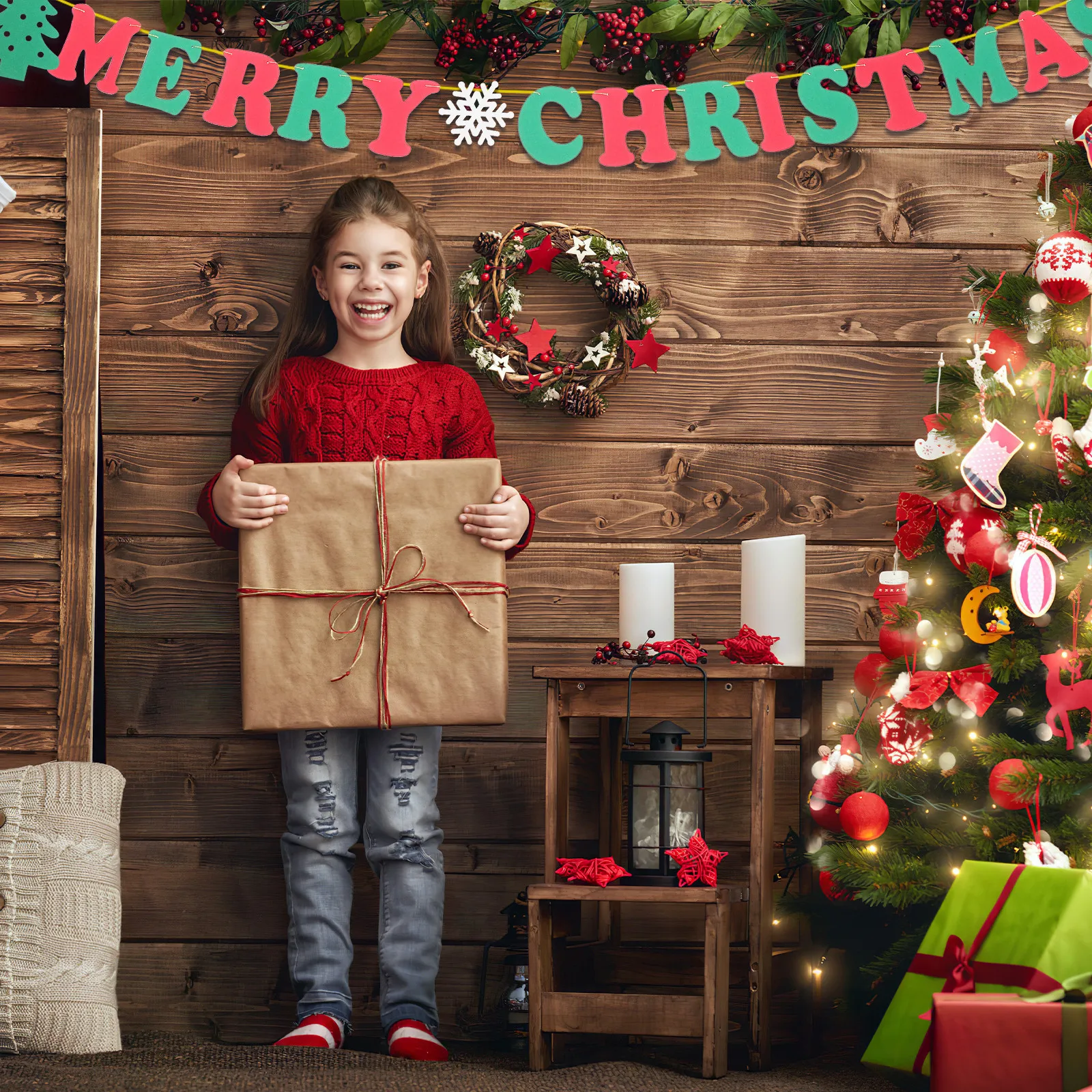 

15Pcs Christmas Bunting Banner Felt Red Green White Snowflake Design Merry Christmas Flags Party Home Outdoors