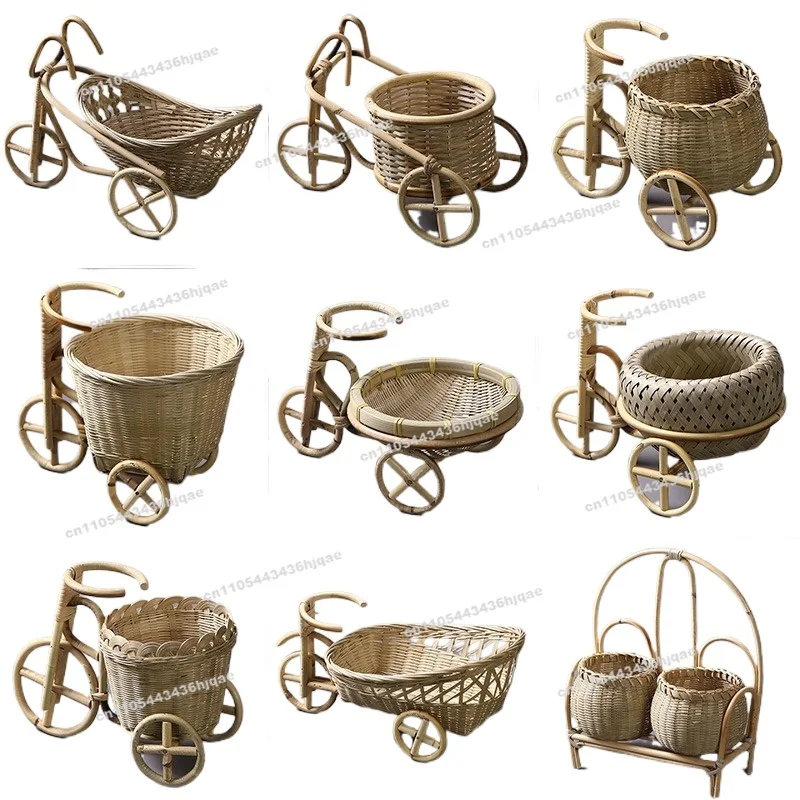 Handmade Bamboo Woven Basket Tricycle Small Ornament Shelf Basket Household Hot Pot Shop Creative Dried  Snack Storage Basket