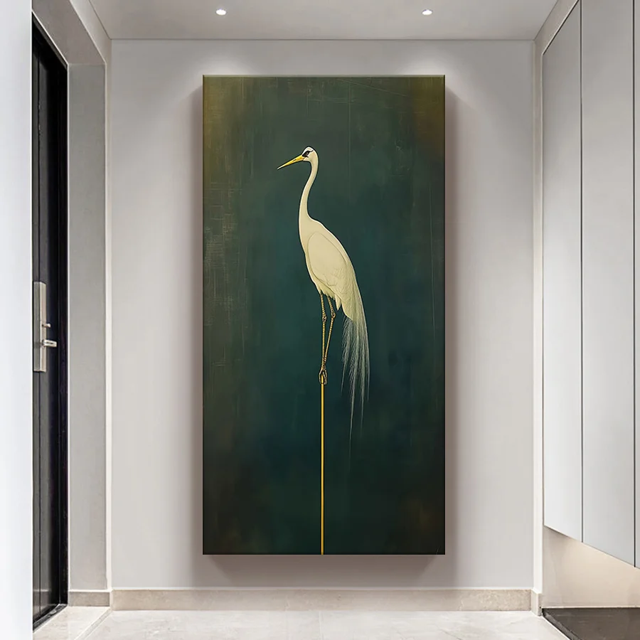 White Egret on Green Background Poster Prints Classic Naturalistic Style Canvas Painting Wall Art Picture Living Room Home Decor