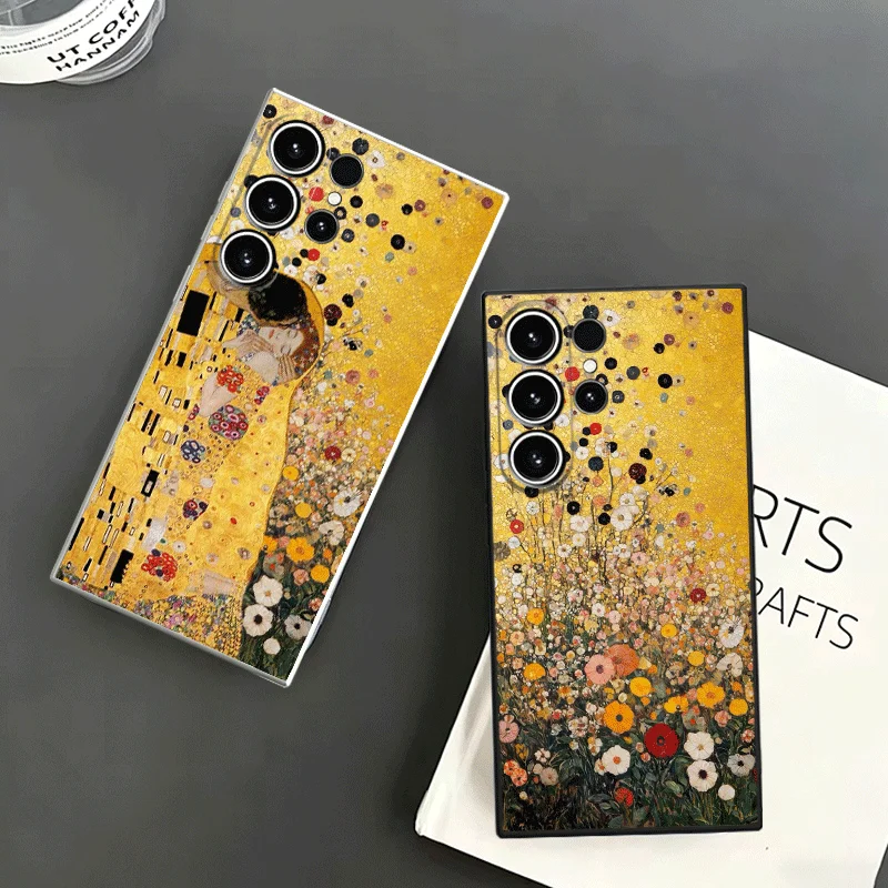 Kiss By Gustav Klimt Art Soft Phone Case For Samsung S24 S25 S26 Ultra S23 S22 Plus S21 S20 FE Edge + Black White Couple Cover