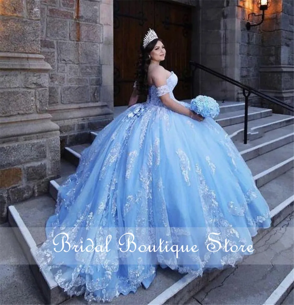 Hemelsblauwe Prachtige Bahama Sweet 16 Quinceanera Jurken Pailletten Kanten Applique Baljurk Vestido De 15 Anos Veterschoenen