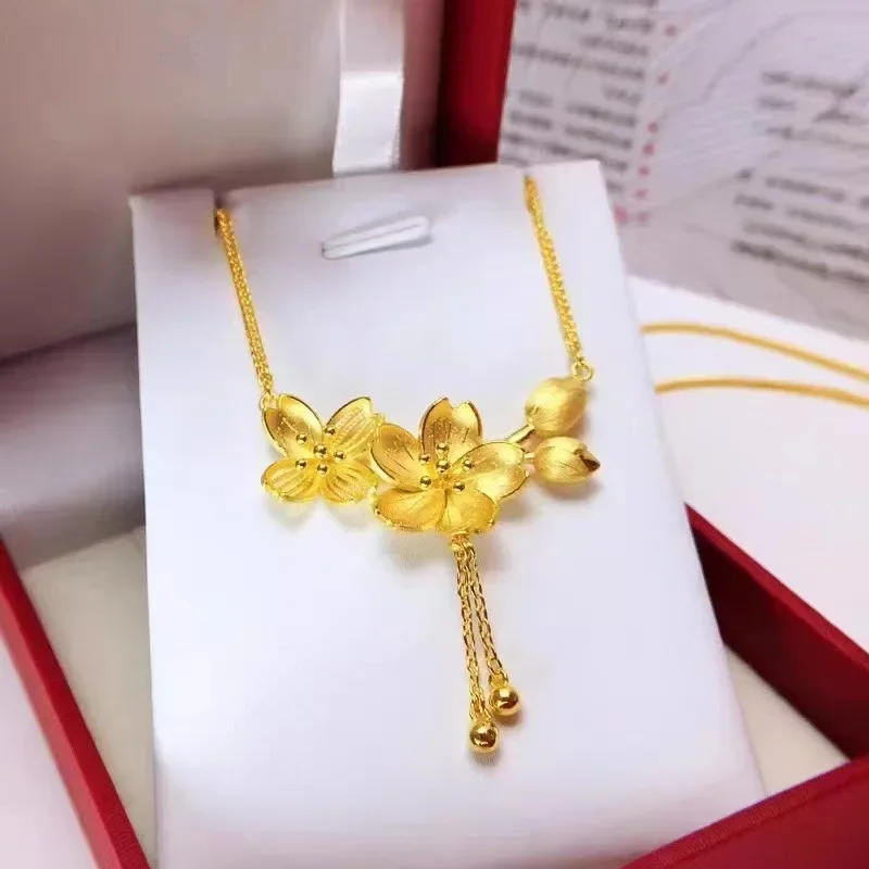 

24K Yellow Gold Twin Flower Necklace, Real Gold Simple One Chain Women's Clavicle Chain for Girlfriend Birthday Gift