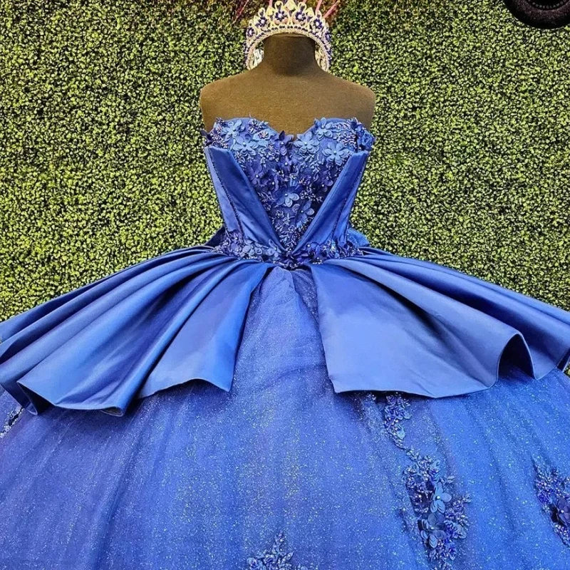 Real Picture Royal BlueQuinceanera Dresses Ball Gown Bow 3D Flowers Appliques Sweet 16 15 Prom Pageant Wear Vestidos De XV Anos