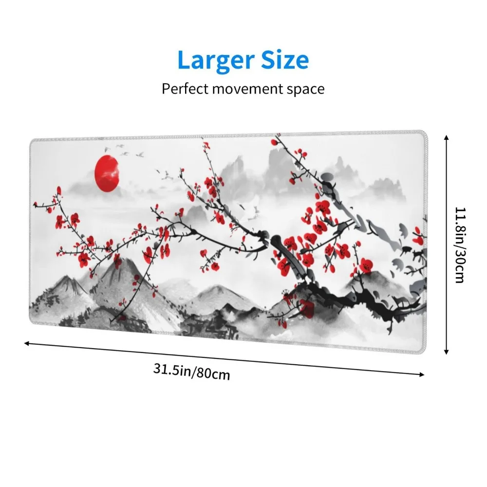 Large Gaming Mouse Pad Ink Wash Plum Blossom Mountain Landscape Extended Desk Mat Non‑Slip Rubber Playmat with Stitched Edges