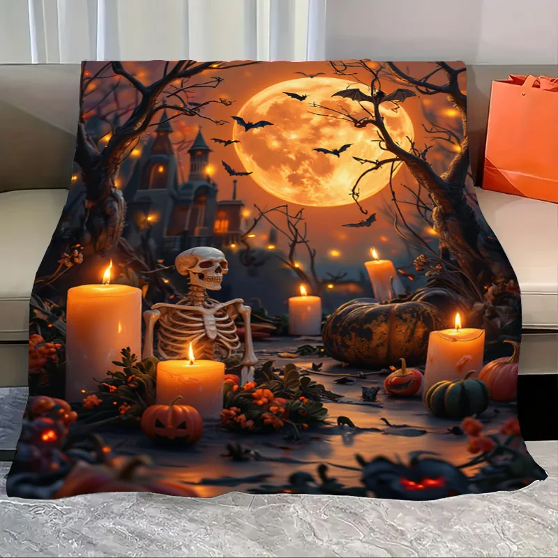 

Flannel Blanket-Soft Lightweight All-season Halloween Themed Cozy Baby Blanket with Pumpkin Skeleton and Moon Design