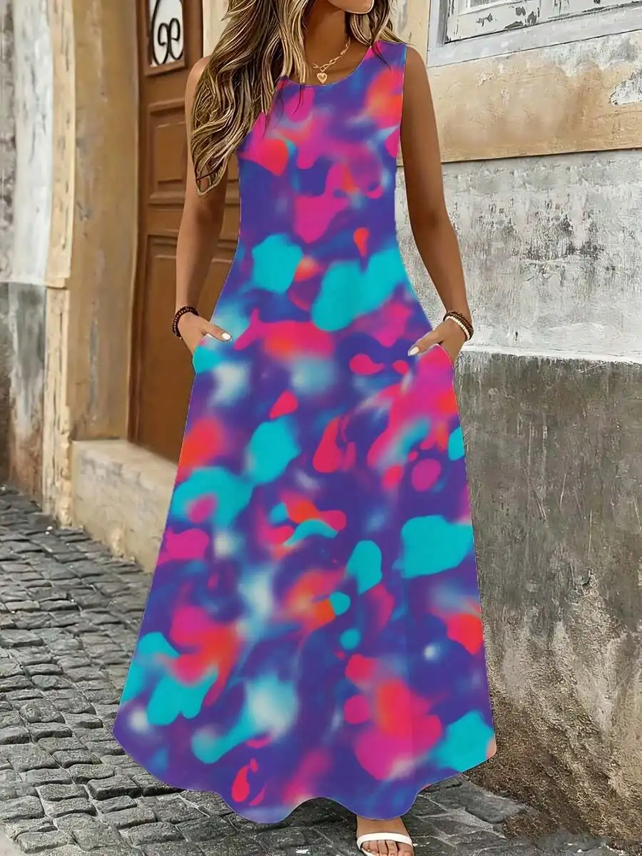 

Sleeveless Maxi Dress Purple Pink Blue Tie Dye Print Summer Beach Vacation Outfit