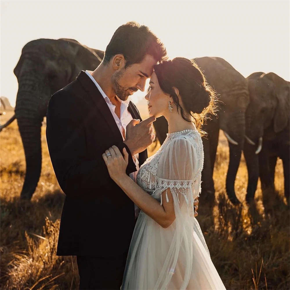 Vestido de novia de encaje alino con cuello en V, fotos reales, borlas bohemias, fotografía impresionante, capa desmontable, n. ° 20182