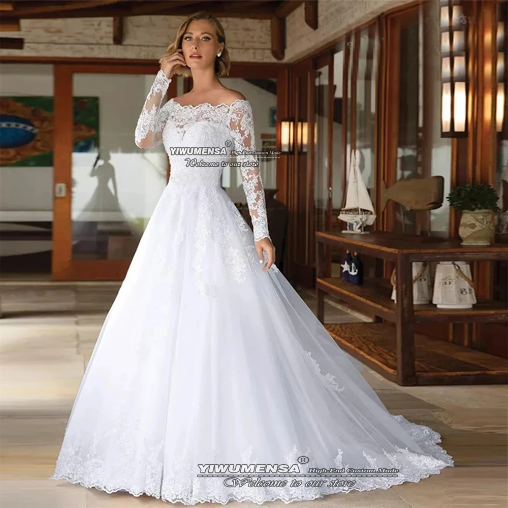 Elegant Bride Marriage Wedding Gowns Long Sleeves White Appliques Pearls Bridal Dresses Sweep Train Princess Ball Gown Women