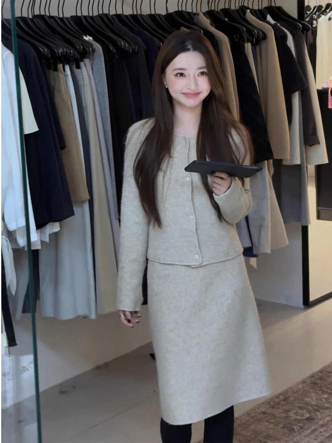 Elegant Knitted Set Women's Loose Fit Two Piece Lazy Style Autumn New Korean Series Open Cardigan Coat Half Skirt Set