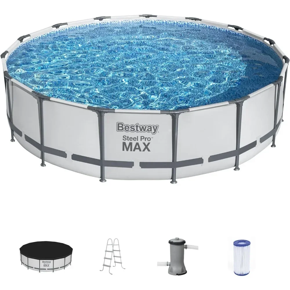 Un juego de piscina redonda sobre el suelo Steel Pro MAX de 15 "x 42", piscina familiar con estructura metálica para exteriores con bomba de filtro,