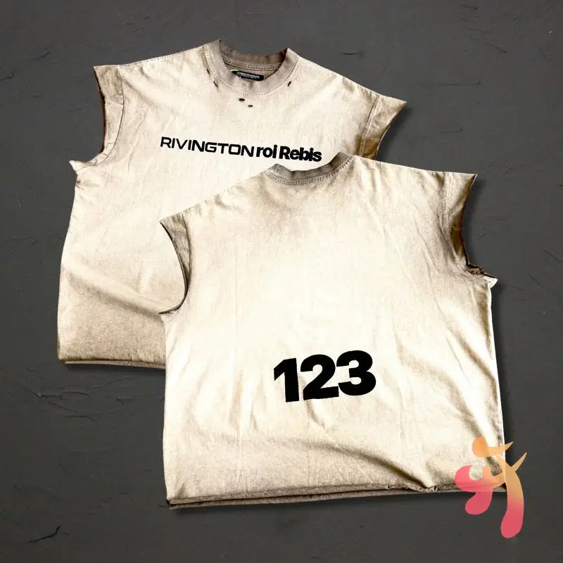 

Retro Distressed Dirty Hole Cut Sleeve Round Neck Tops Summer RRR Tshirts 123 Print Hipho Street Tank Tops Men Women Sleeveless