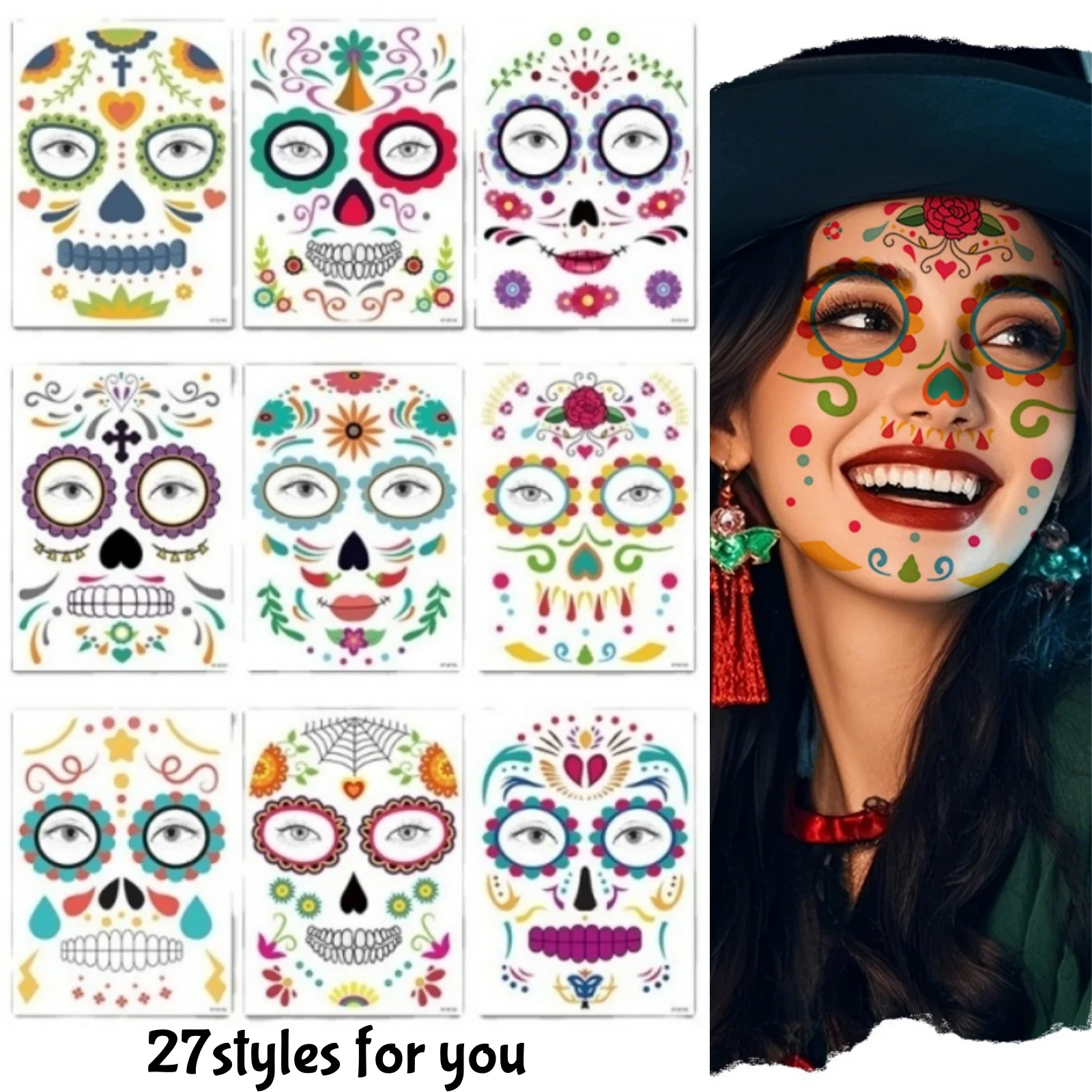 

9pcs Halloween Facial Tattoo Sticker Temporary Dead Skull Pattern Fake Tattoos Makeup Stickers for Festival Party Cosplay