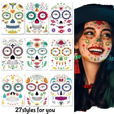 9pcs Halloween Facial Tattoo Sticker Temporary Dead Skull Pattern Fake Tattoos Makeup Stickers for Festival Party Cosplay