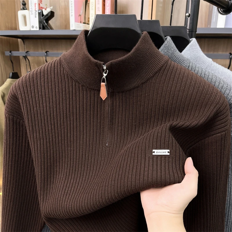 High End Quality Men's Half Zipper Knitted Sweater Long Sleeved Solid Color Stand Up Collar Top Fashion Skin Friendly Men's Wear
