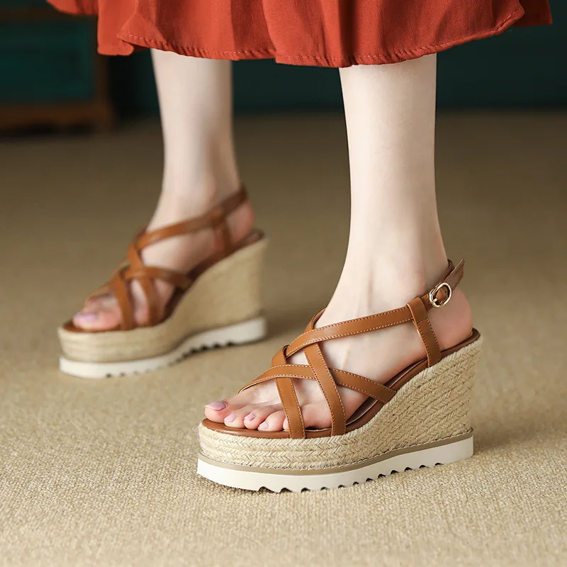 2023 New Roman Wedge Heel Women's Sandals Cross Back Open Toe Brown Ribbon Straw Woven Thick Sole Waterproof Platform High Heels