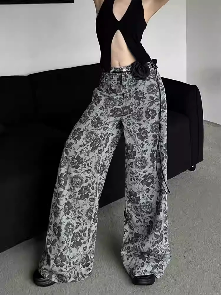 

Vintage Rose Printting Women's Jeans Spring New Fashion Niche Design Streetwear Wide Leg Pants High Waist Loose Straight Pants