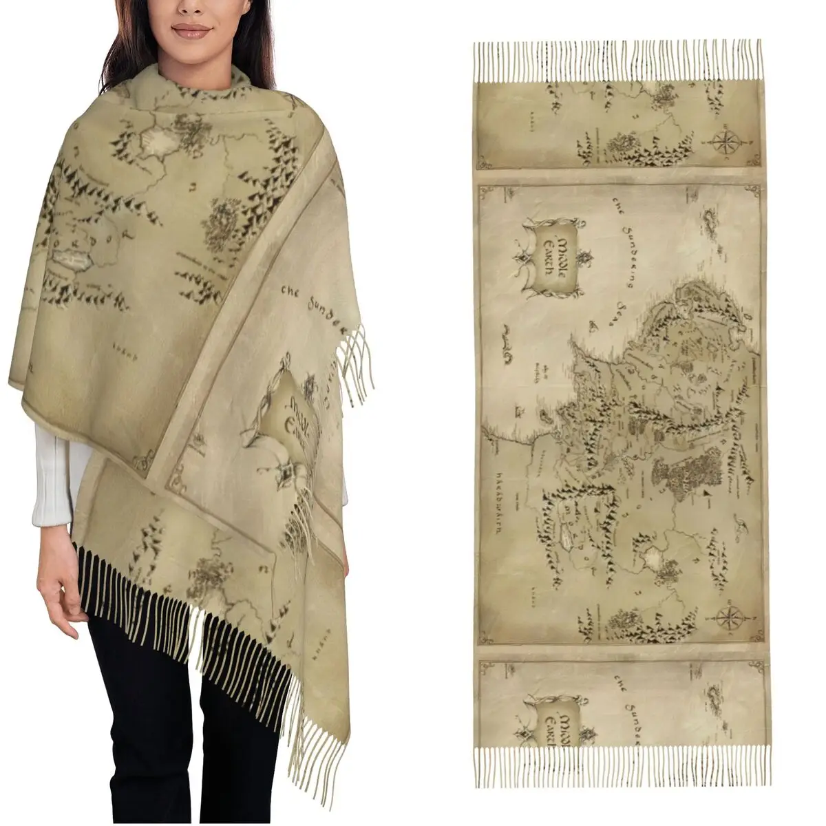 L-Lords Of The R-Rings Middle Earth Map Scarf for Women Warm Winter Cashmere Shawls and Wrap Movie Long Large Shawl Scarf Ladies