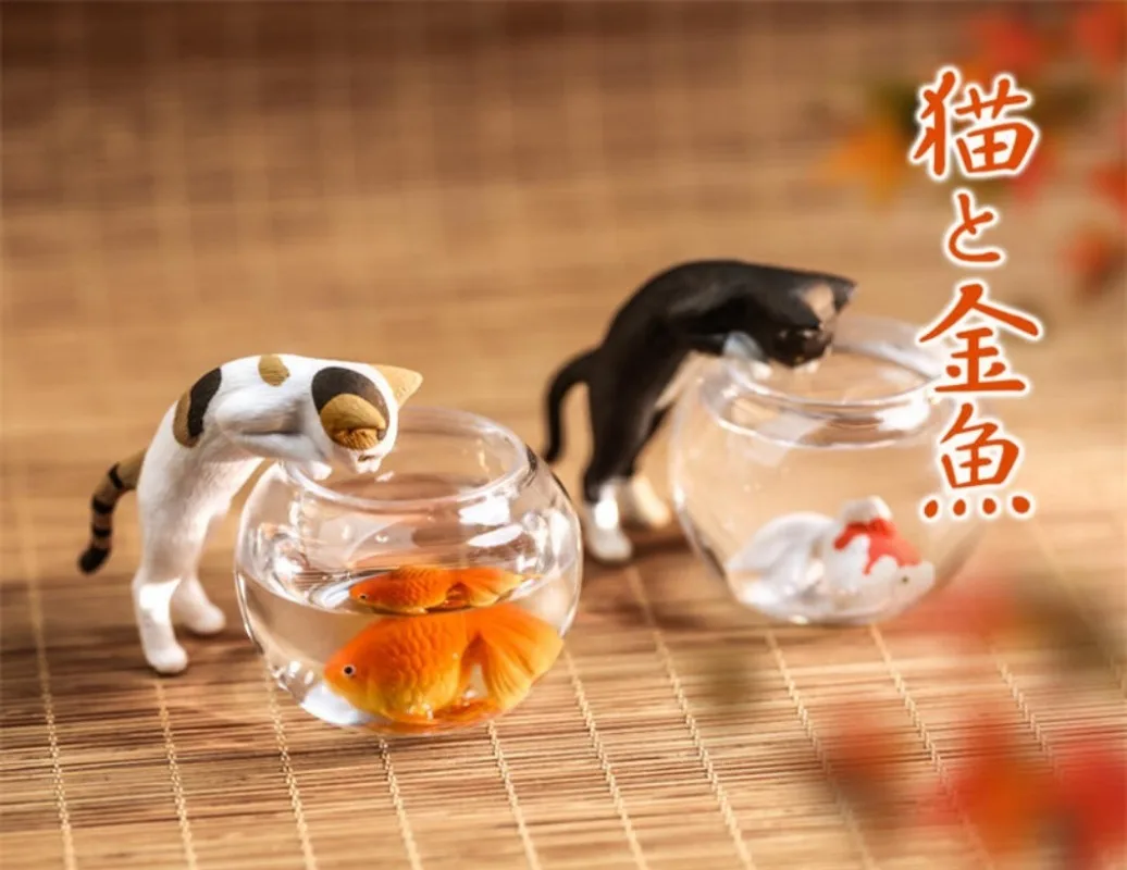 オリジナルカプセルおもちゃかわいいかわいい白黒キャリコ猫ハチワレ猫と金魚水槽水族館の装飾品フィギュア